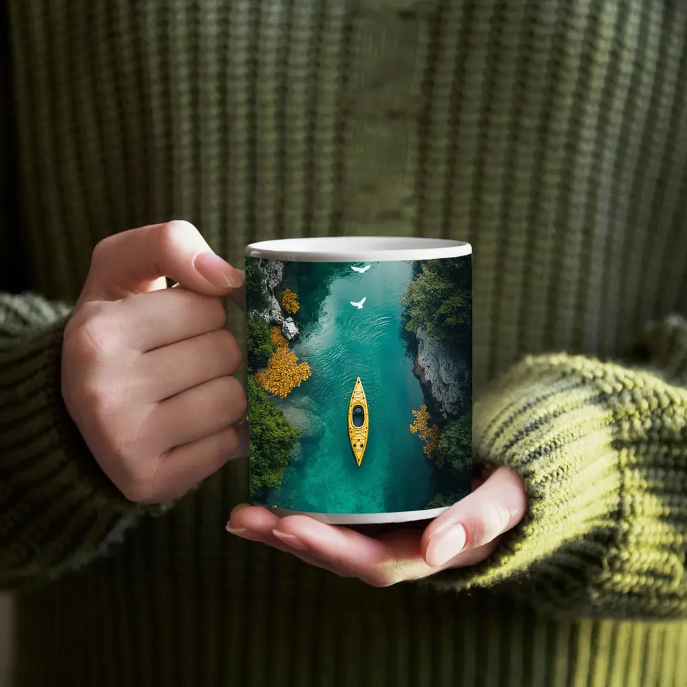 Yellow Kayak Aerial View Turquoise River – Mugs