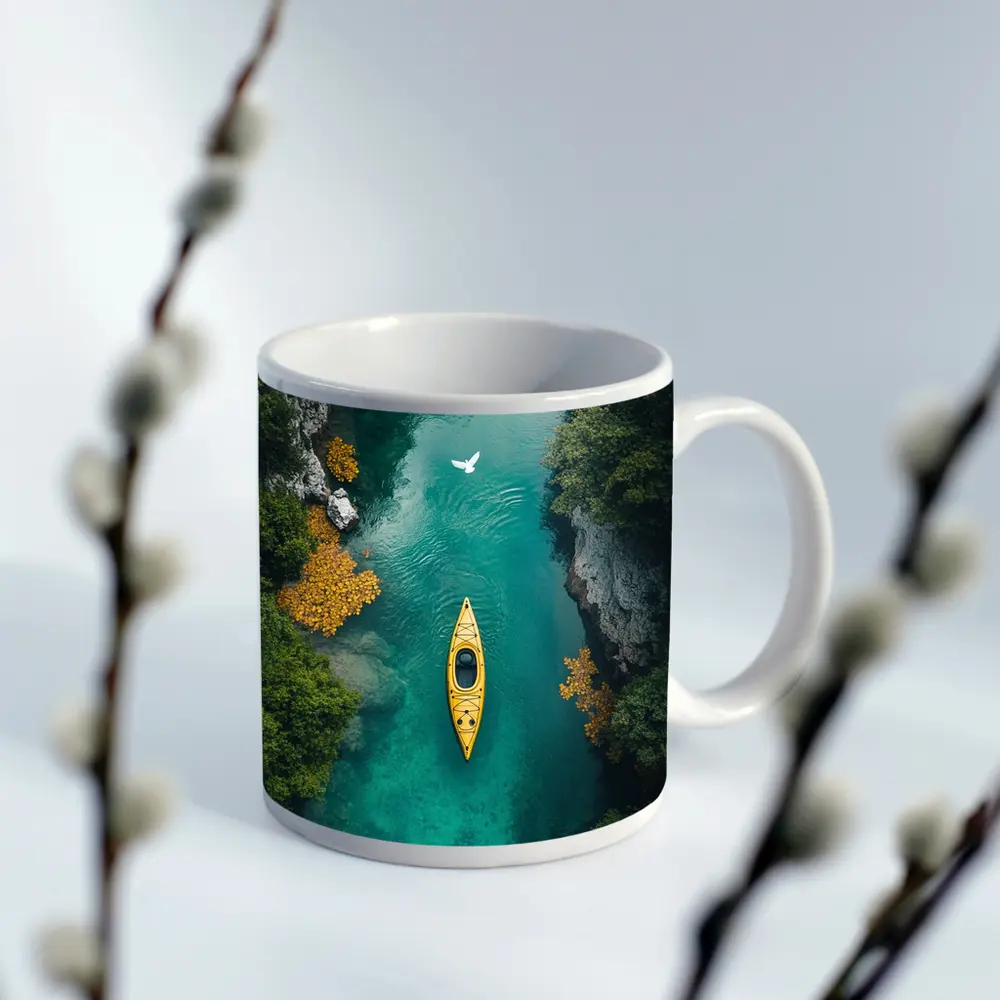 Yellow Kayak Aerial View Turquoise River – Mugs