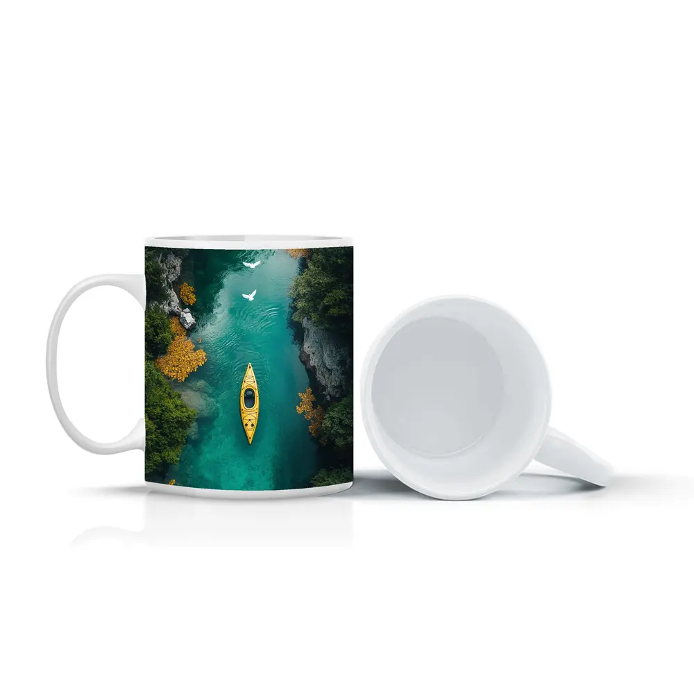 Yellow Kayak Aerial View Turquoise River – Mugs