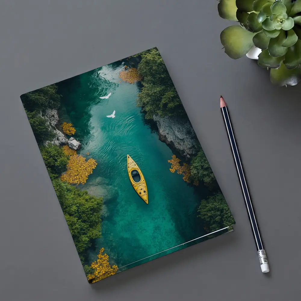 Yellow Kayak Aerial View Turquoise River – Notebooks