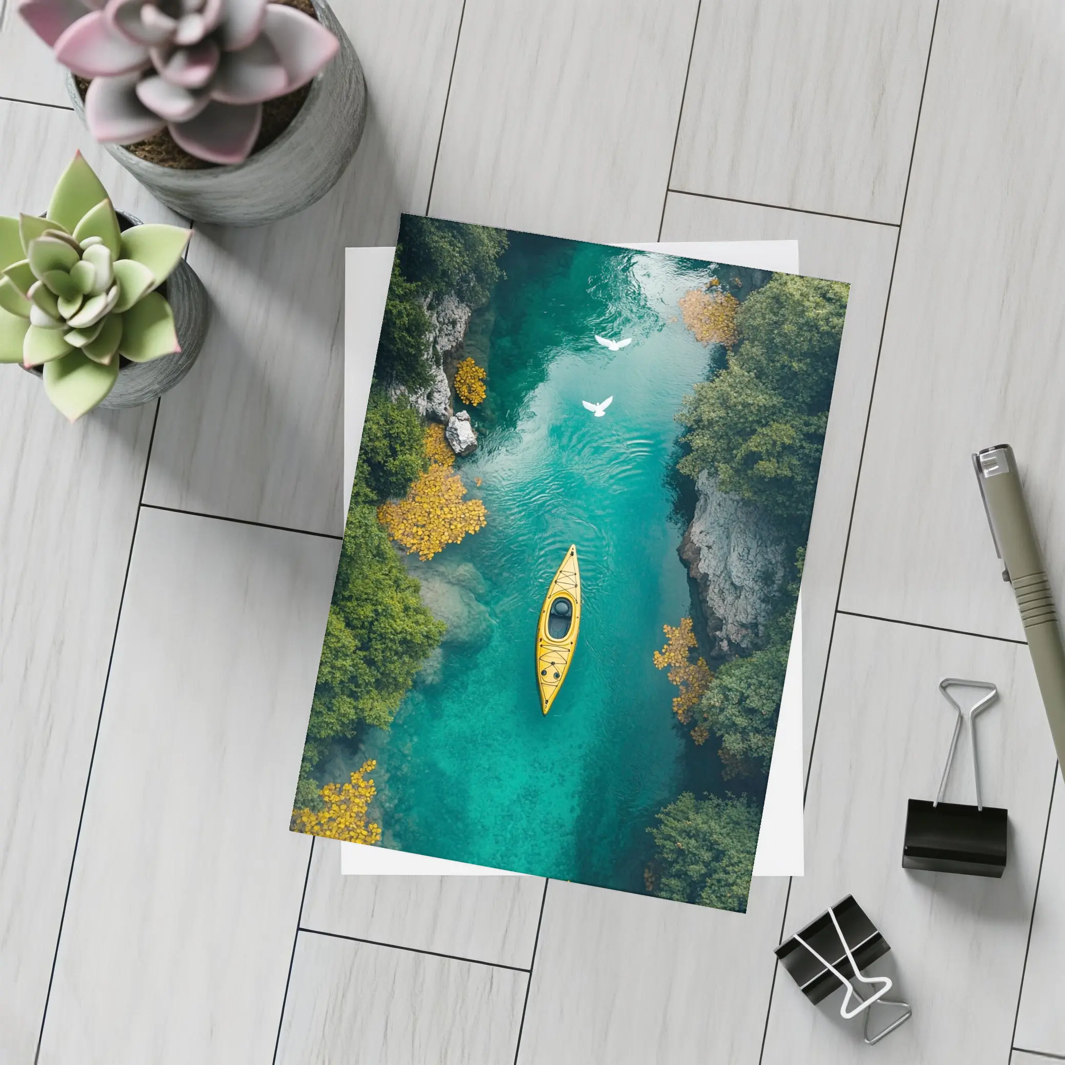 Yellow Kayak Aerial View Turquoise River – Postcards