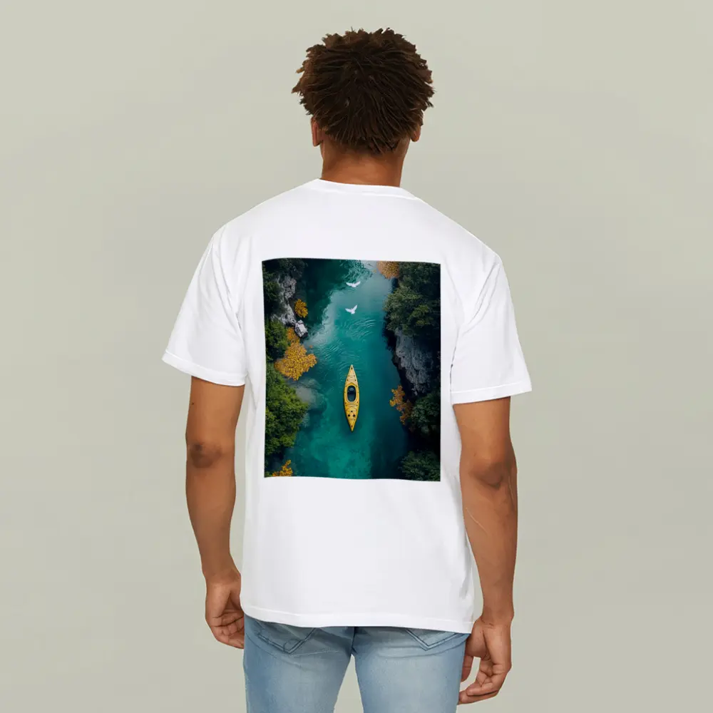 Yellow Kayak Aerial View Turquoise River – T-Shirts