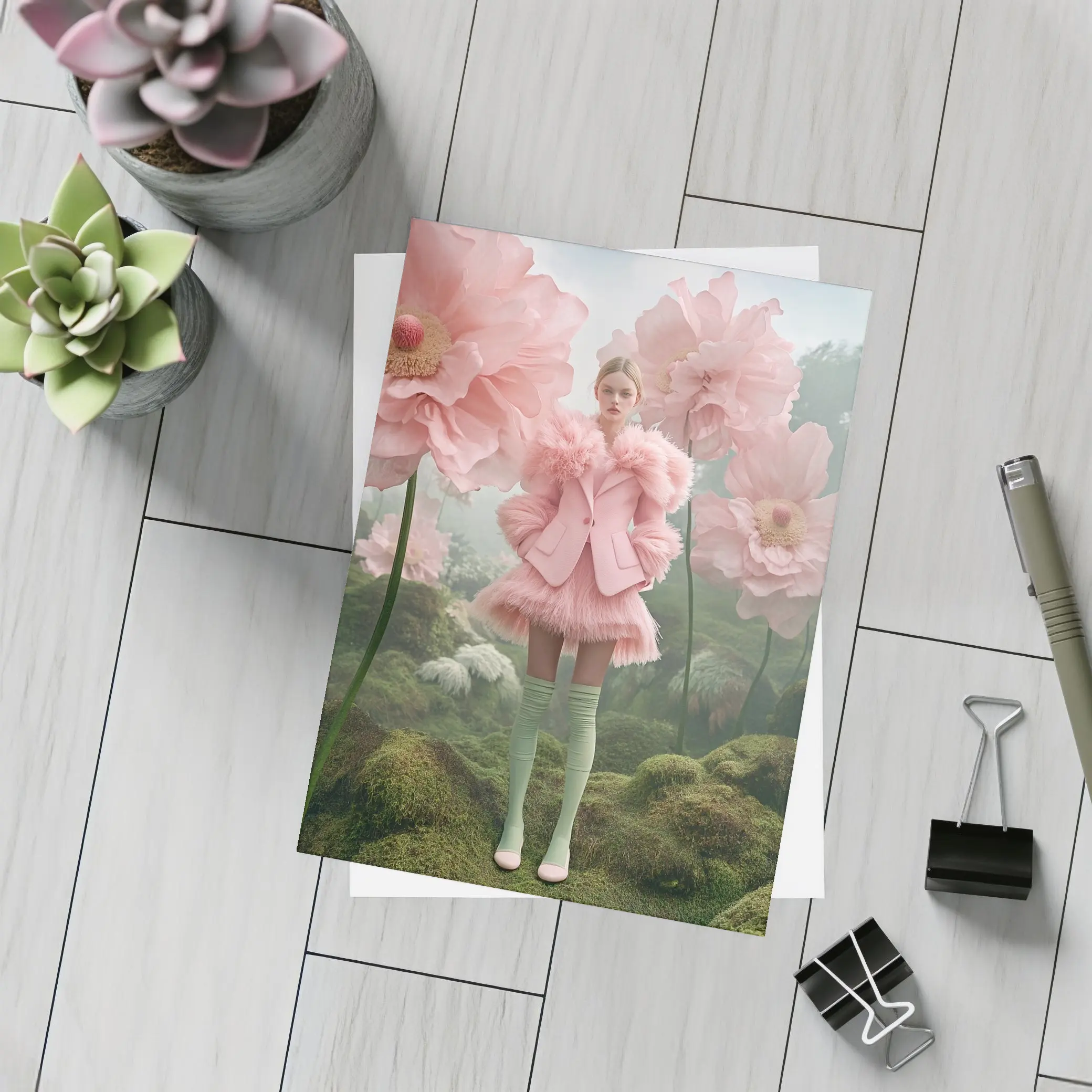 Pink Fashion Woman Giant Floral Fantasy – Postcards