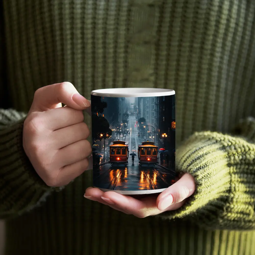 San Francisco Cable Cars Rainy City Street – Mugs