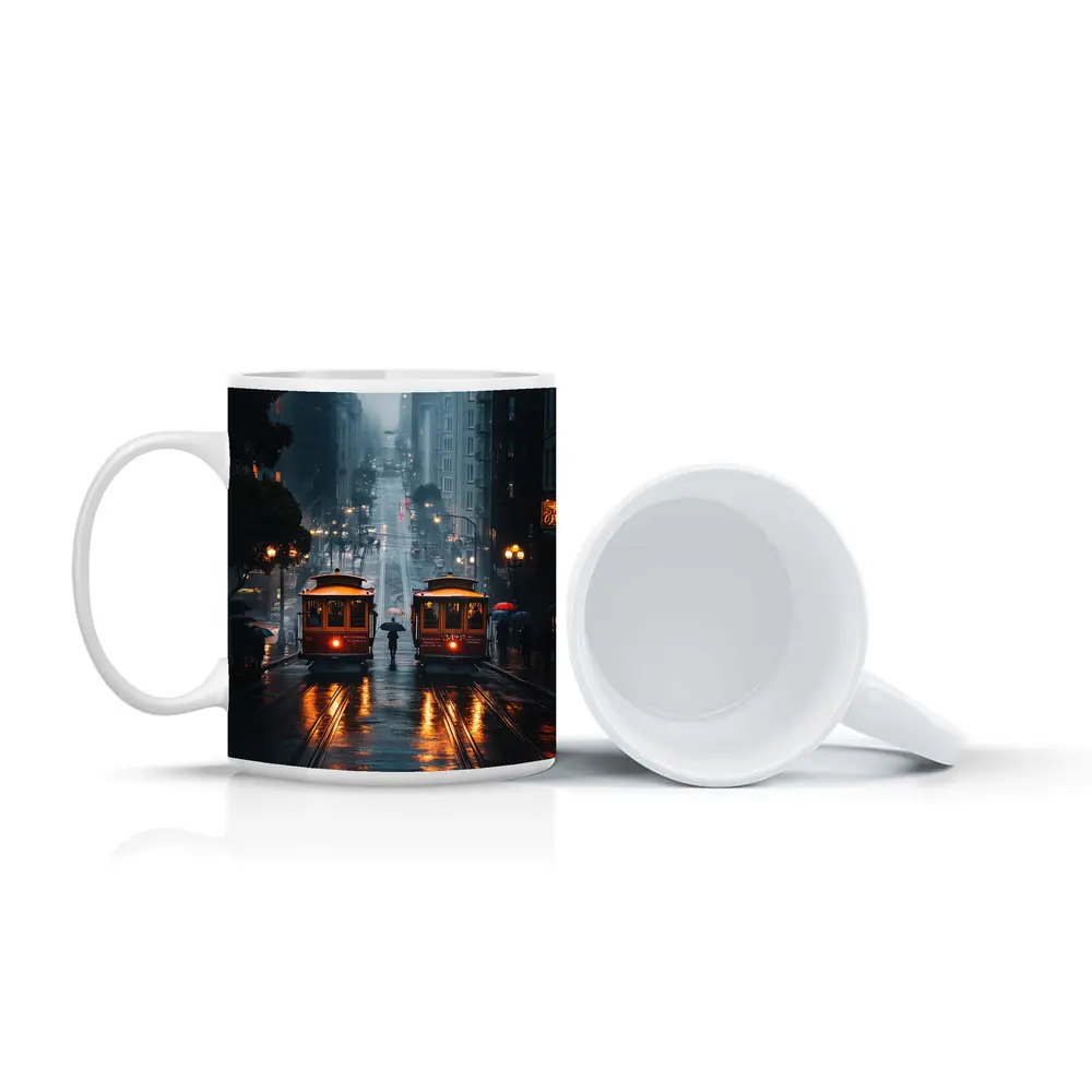 San Francisco Cable Cars Rainy City Street – Mugs
