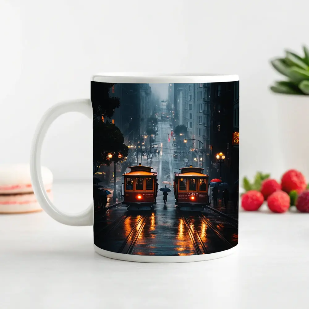 San Francisco Cable Cars Rainy City Street – Mugs