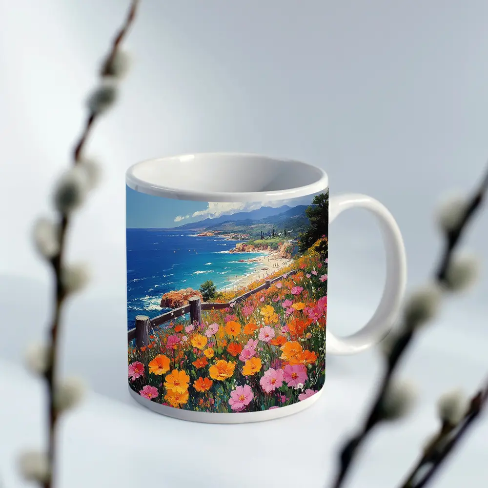 Coastal Wildflowers Overlooking Sunny Blue Ocean – Mugs