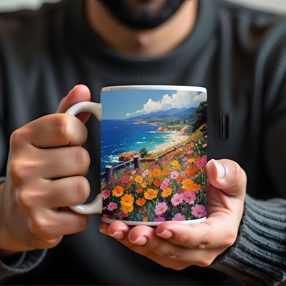 Coastal Wildflowers Overlooking Sunny Blue Ocean – Mugs