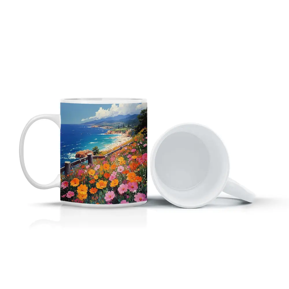 Coastal Wildflowers Overlooking Sunny Blue Ocean – Mugs