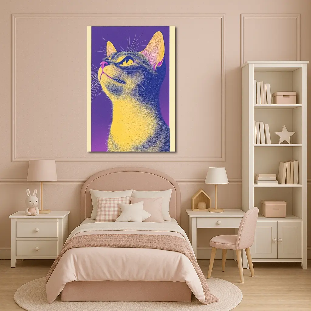 Abyssinian Cat Portrait Purple Yellow Background – Wall Art