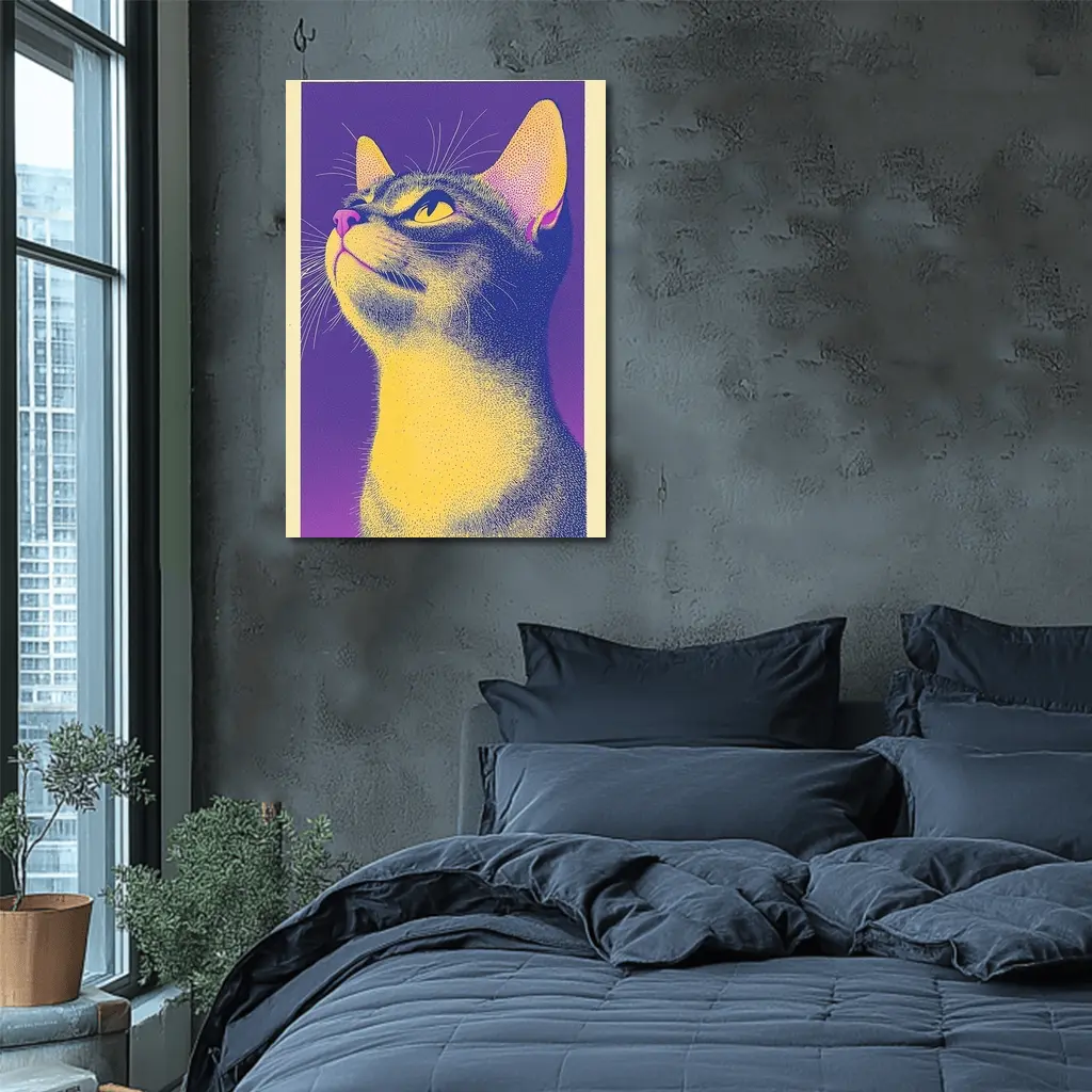 Abyssinian Cat Portrait Purple Yellow Background – Wall Art