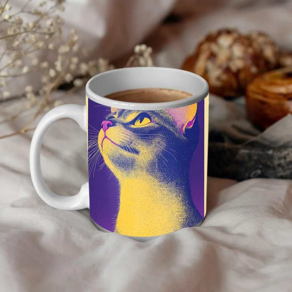 Abyssinian Cat Portrait Purple Yellow Background – Mugs