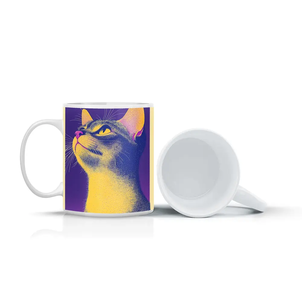 Abyssinian Cat Portrait Purple Yellow Background – Mugs