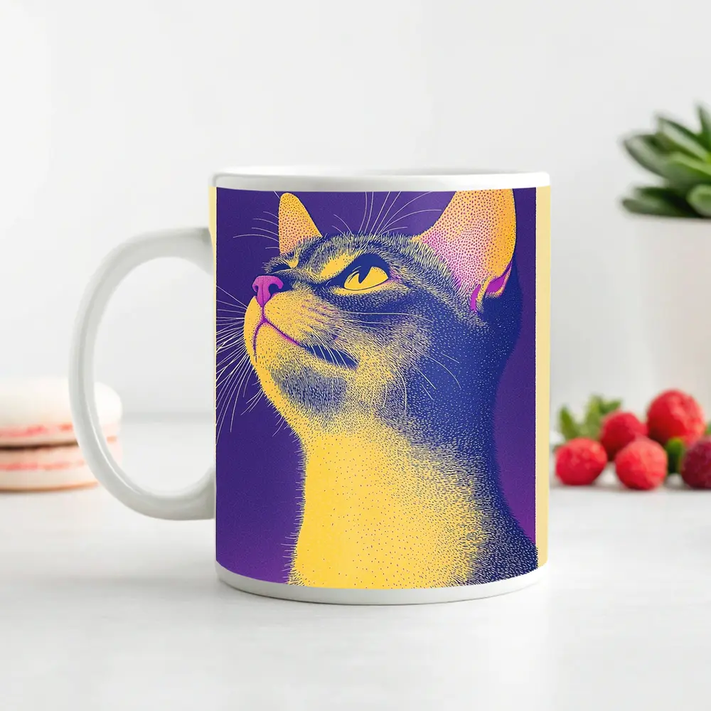 Abyssinian Cat Portrait Purple Yellow Background – Mugs
