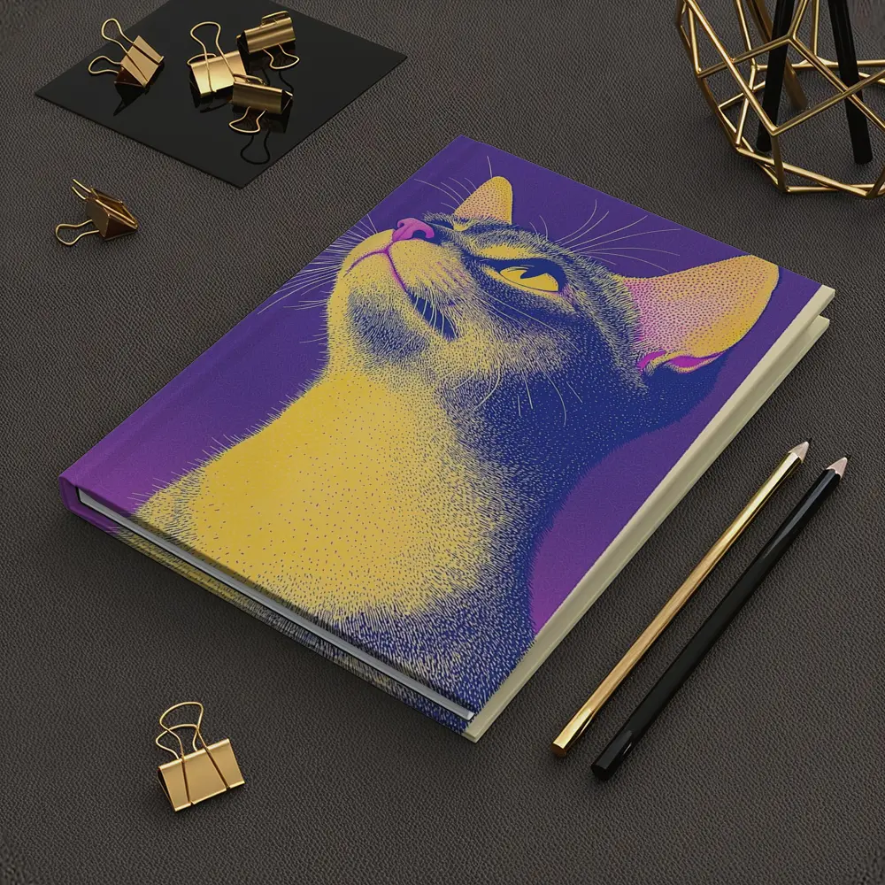 Abyssinian Cat Portrait Purple Yellow Background – Notebooks