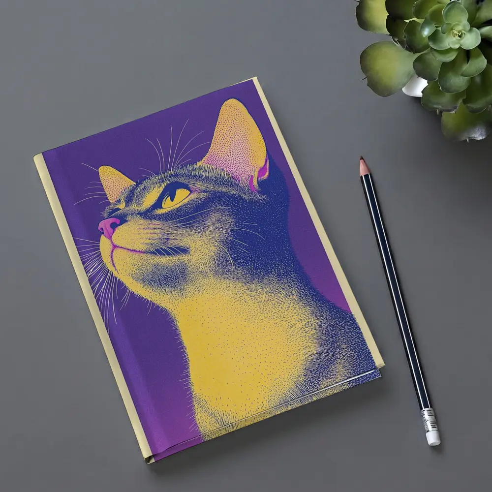 Abyssinian Cat Portrait Purple Yellow Background – Notebooks