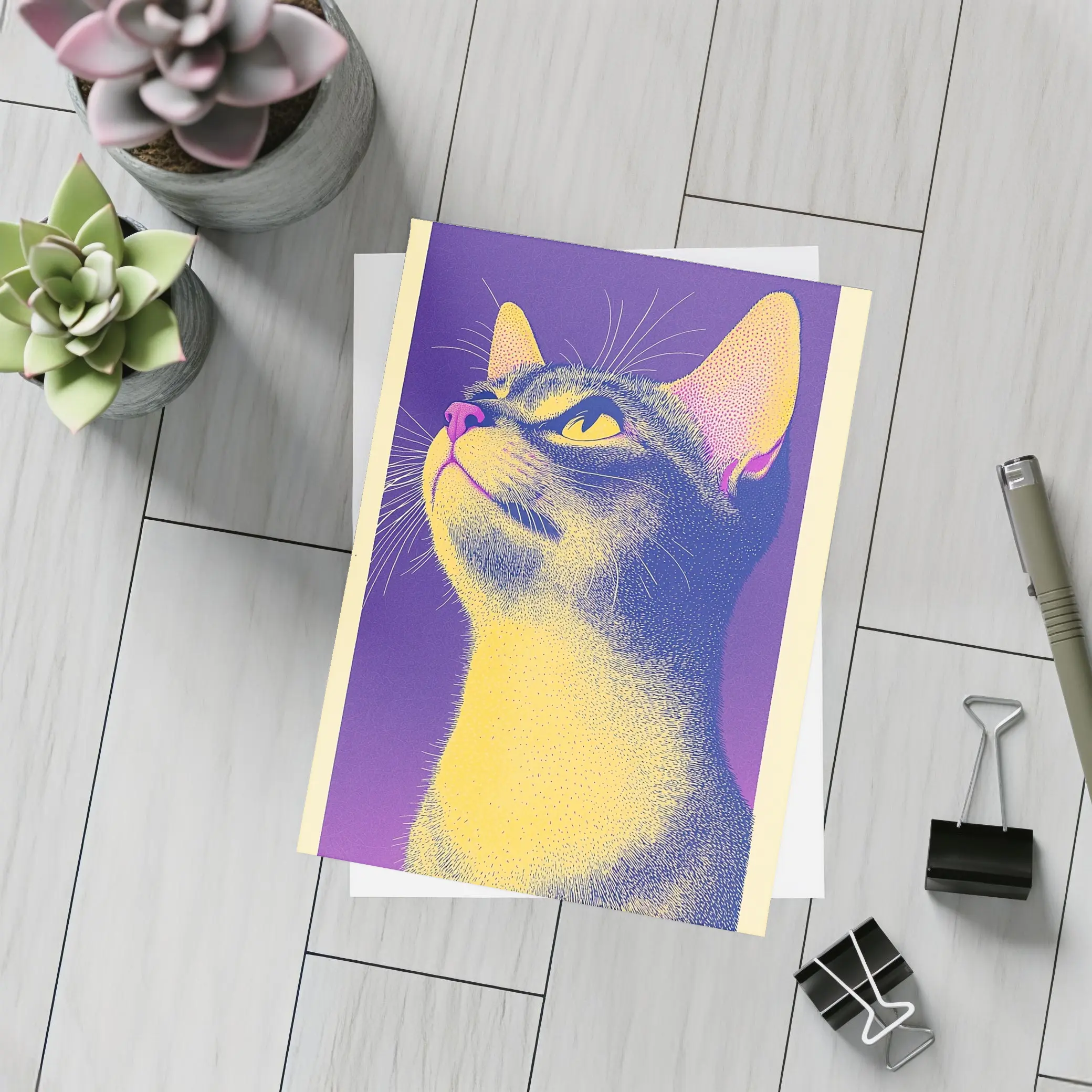 Abyssinian Cat Portrait Purple Yellow Background – Postcards