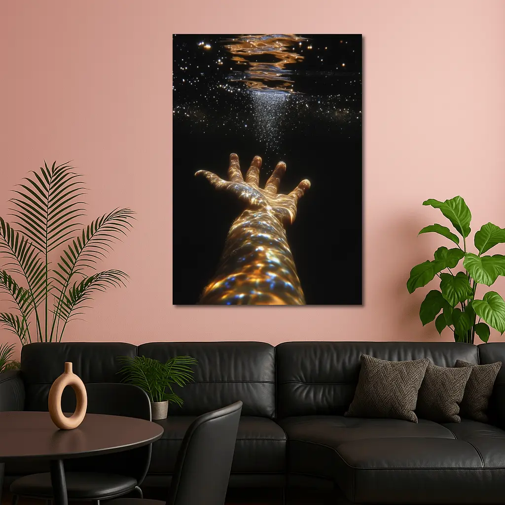 Hand Reaching Through Golden Underwater Light – Wall Art