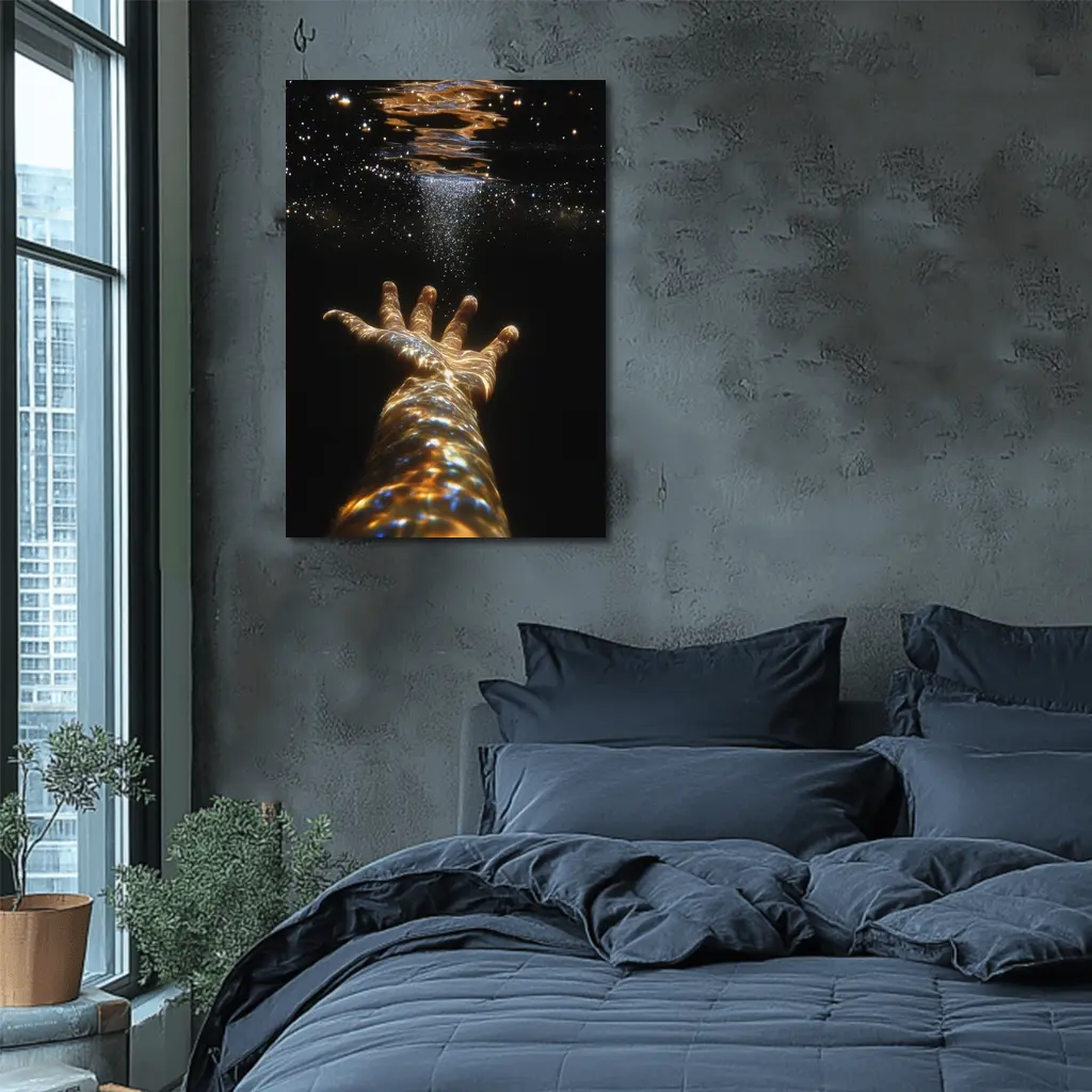 Hand Reaching Through Golden Underwater Light – Wall Art