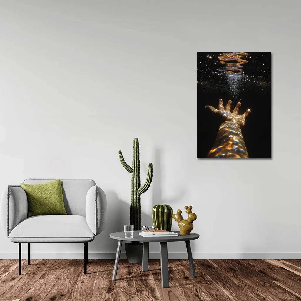 Hand Reaching Through Golden Underwater Light – Wall Art