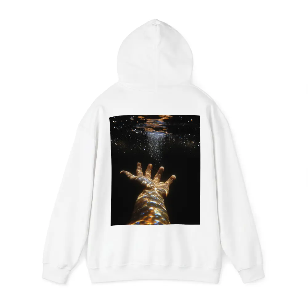 Hand Reaching Through Golden Underwater Light – Hoodies