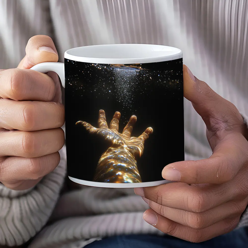 Hand Reaching Through Golden Underwater Light – Mugs