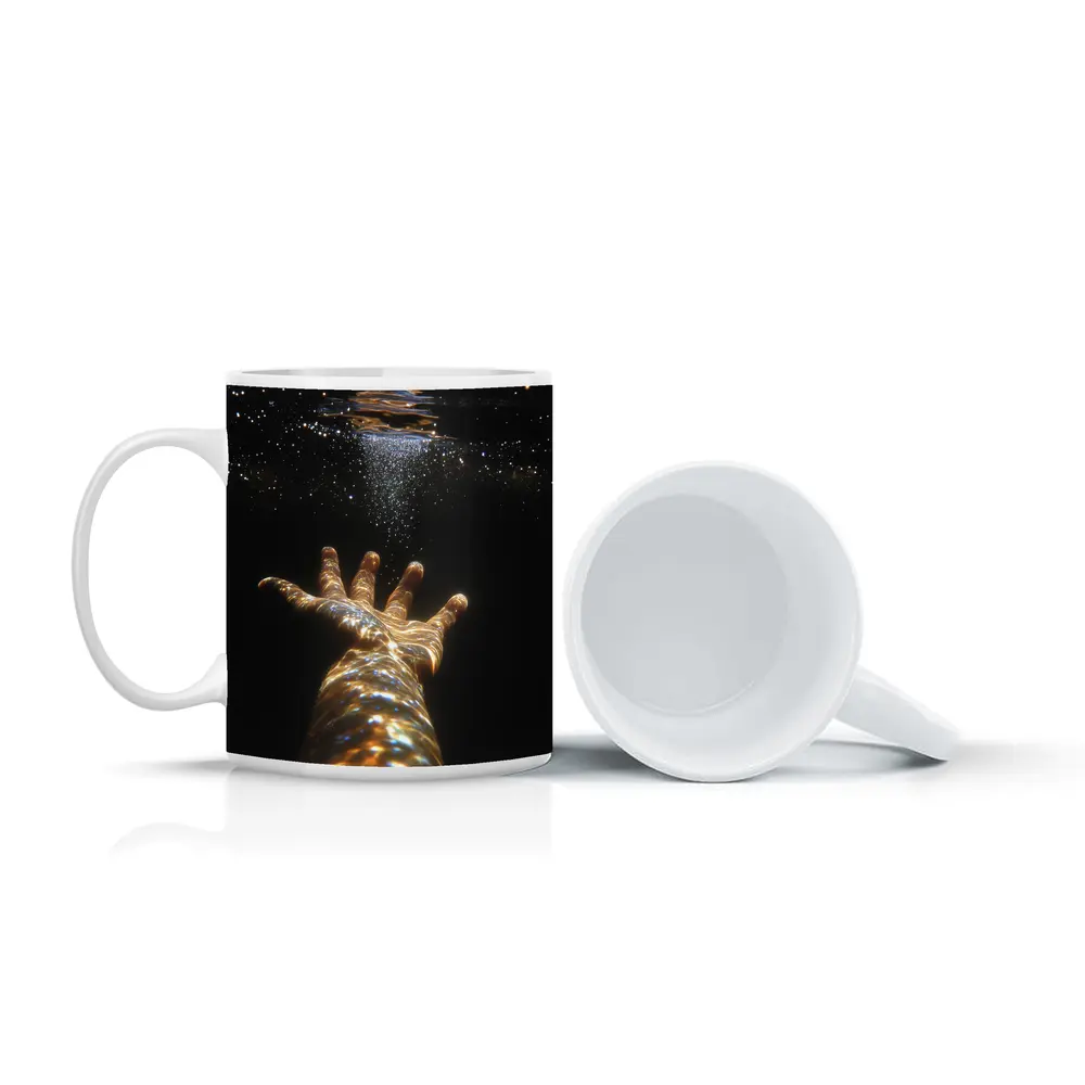 Hand Reaching Through Golden Underwater Light – Mugs