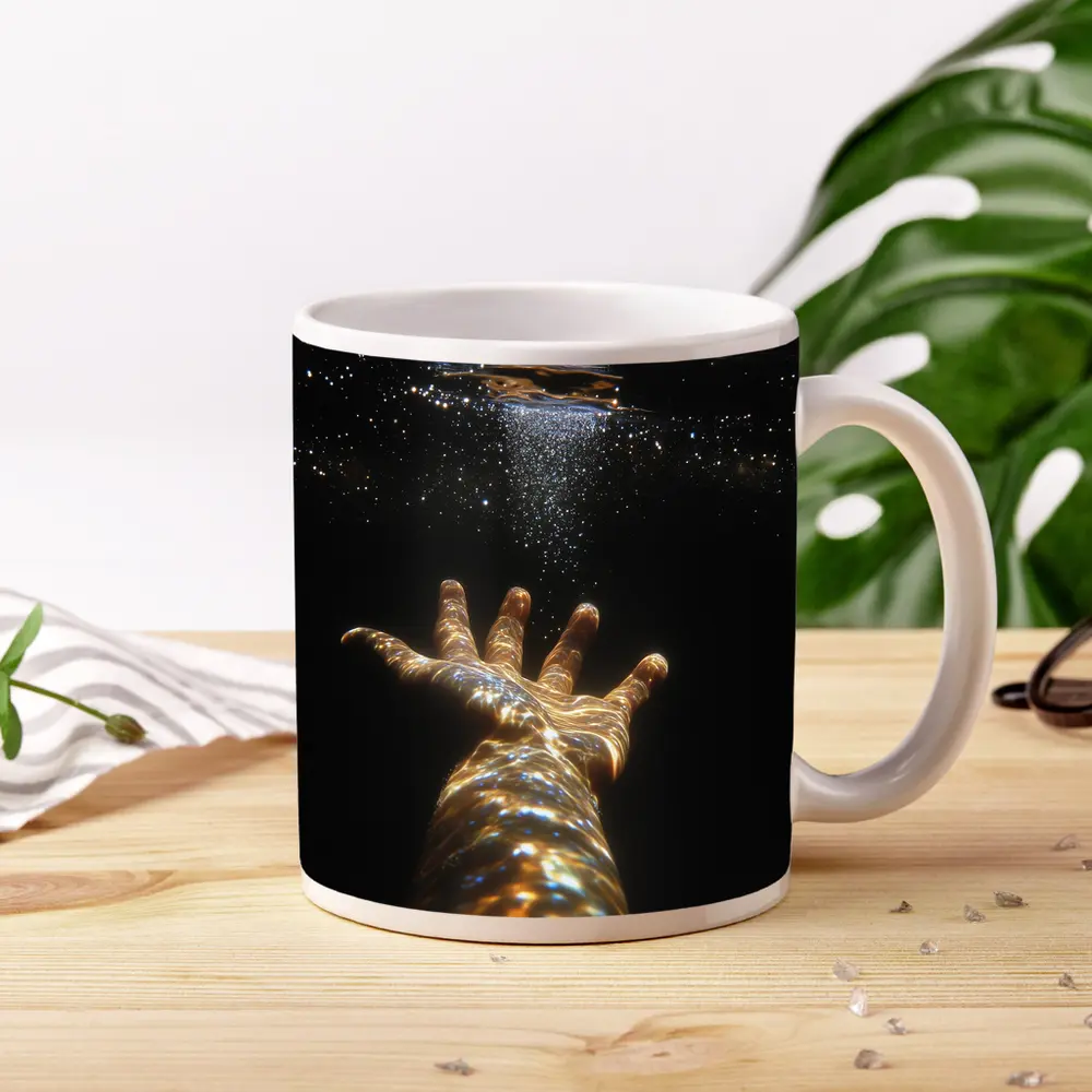Hand Reaching Through Golden Underwater Light – Mugs