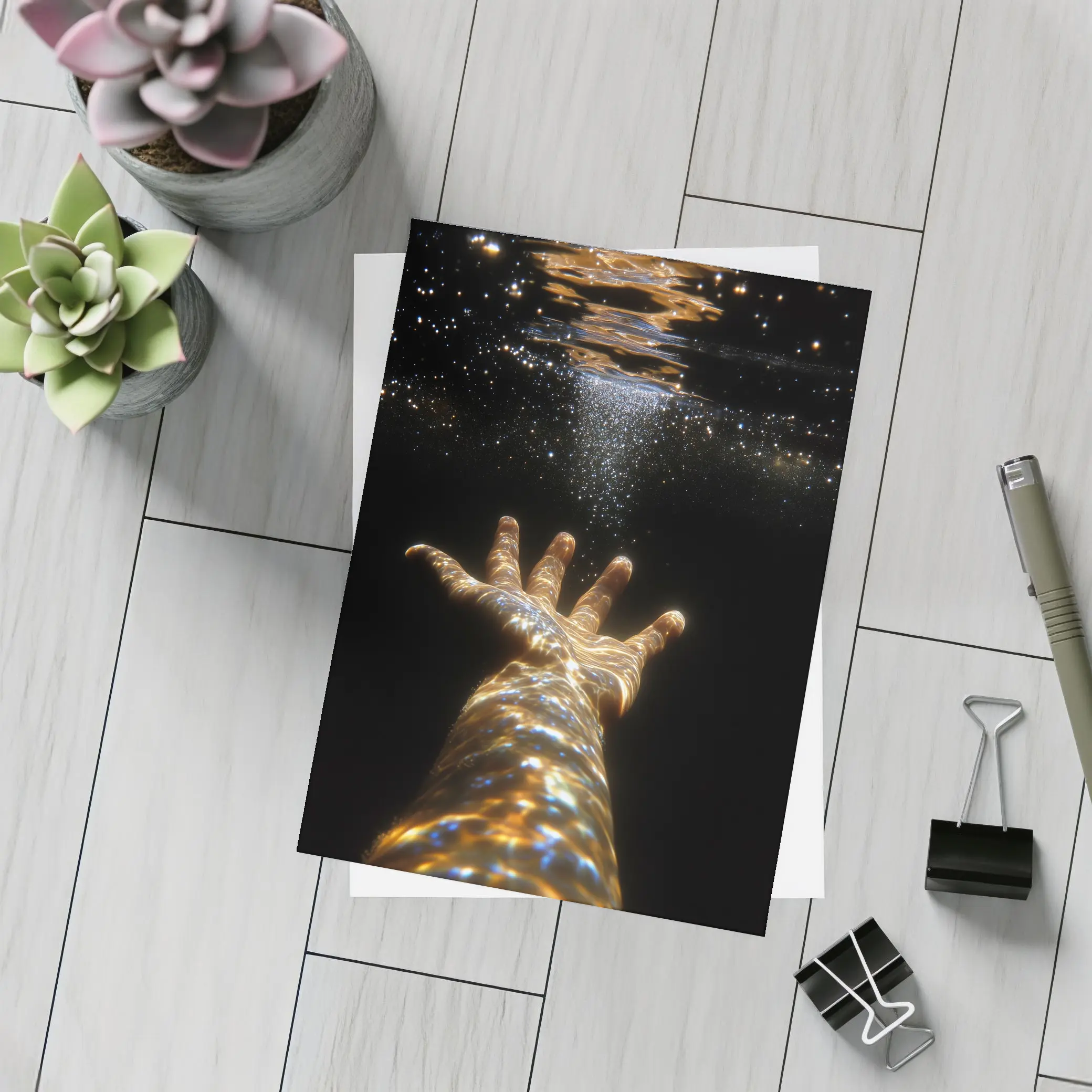 Hand Reaching Through Golden Underwater Light – Postcards