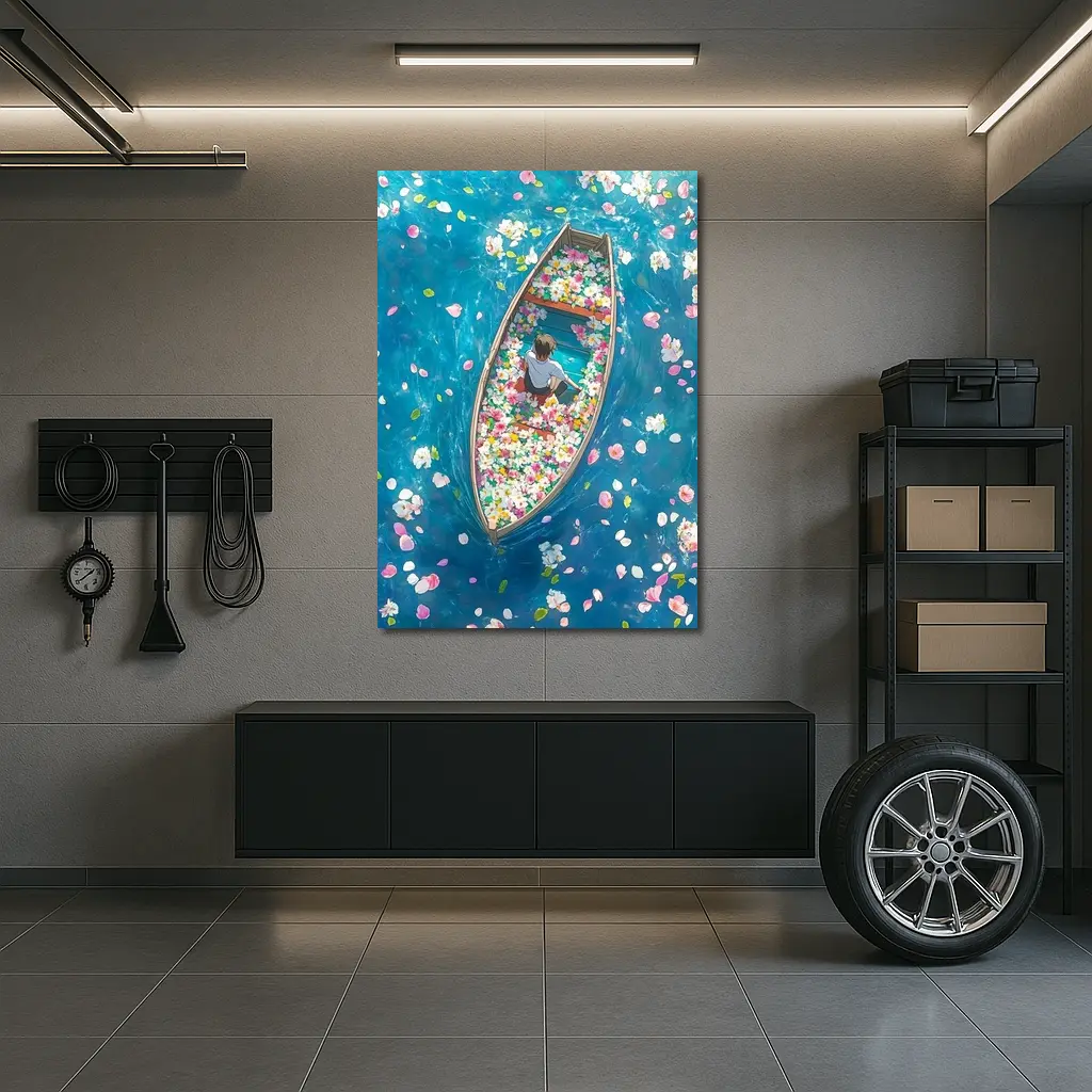 Person Sitting In Flower Filled Boat – Wall Art