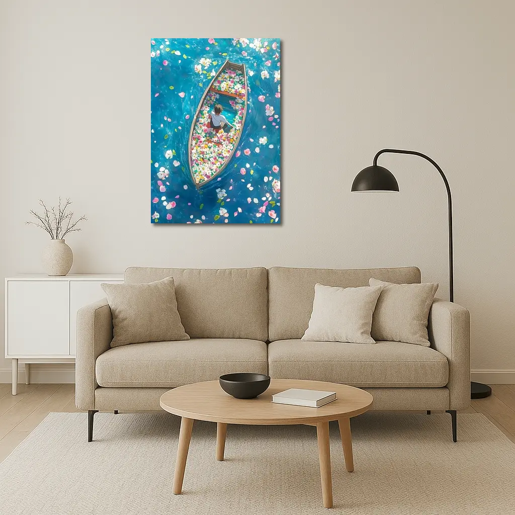 Person Sitting In Flower Filled Boat – Wall Art