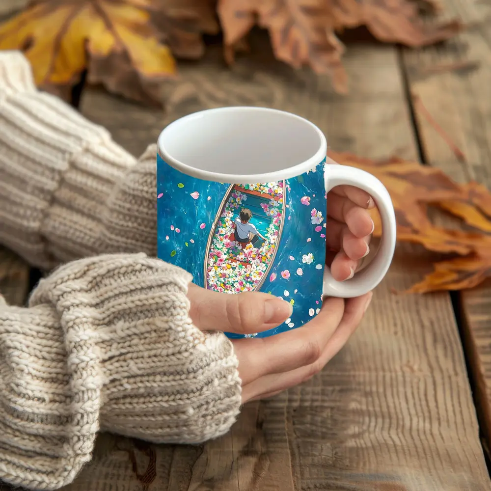 Person Sitting In Flower Filled Boat – Mugs
