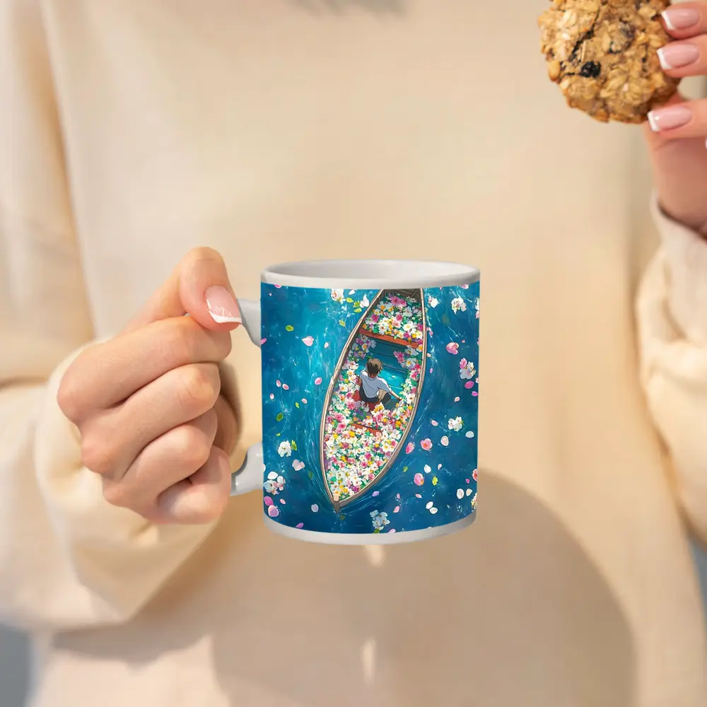 Person Sitting In Flower Filled Boat – Mugs