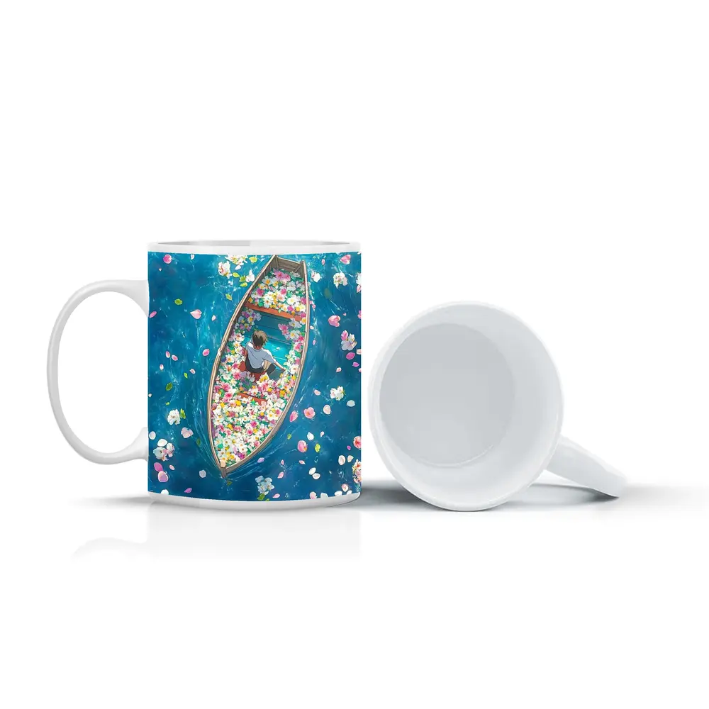 Person Sitting In Flower Filled Boat – Mugs