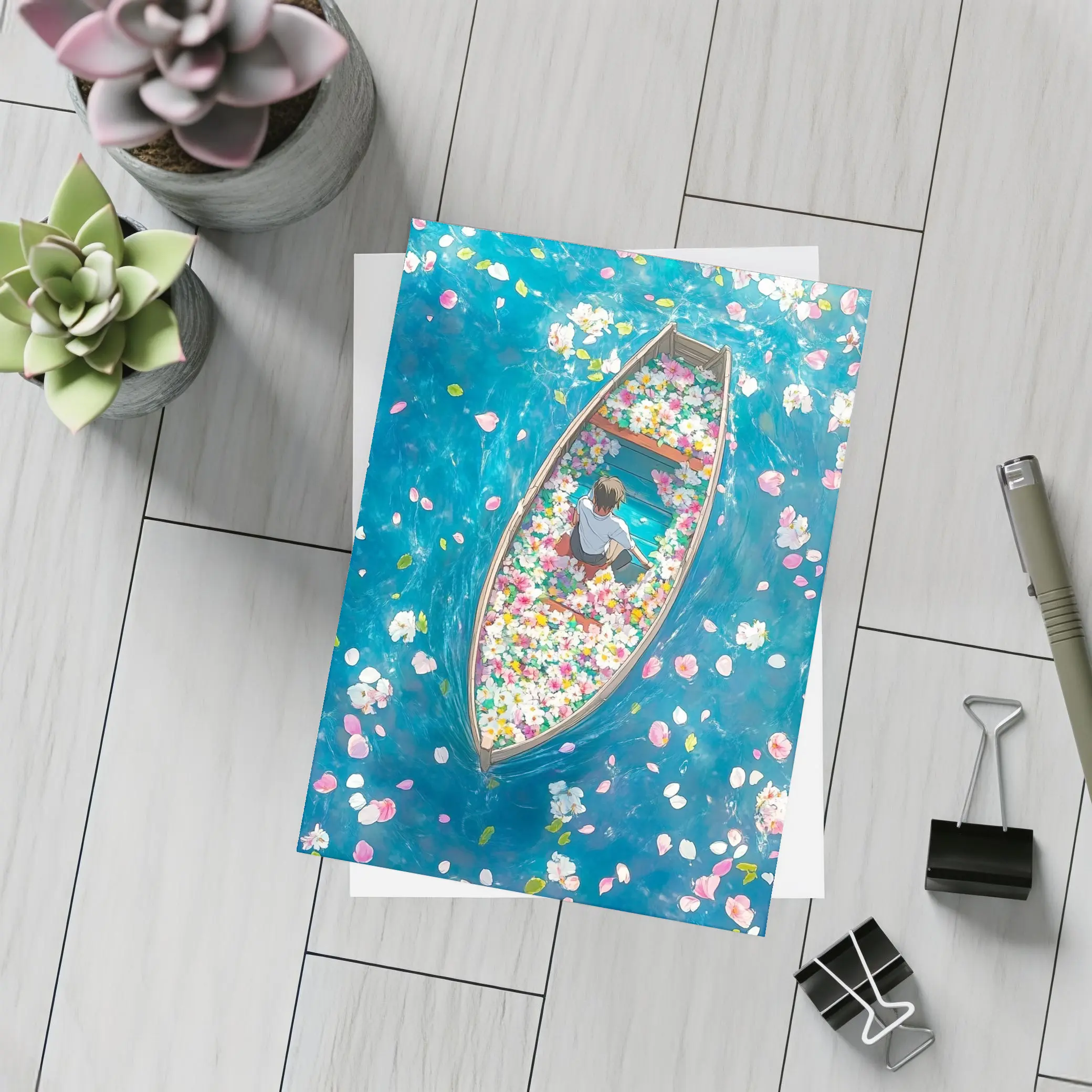 Person Sitting In Flower Filled Boat – Postcards