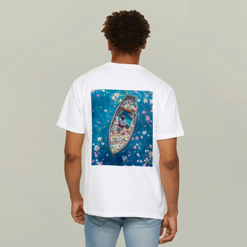 Person Sitting In Flower Filled Boat – T-Shirts