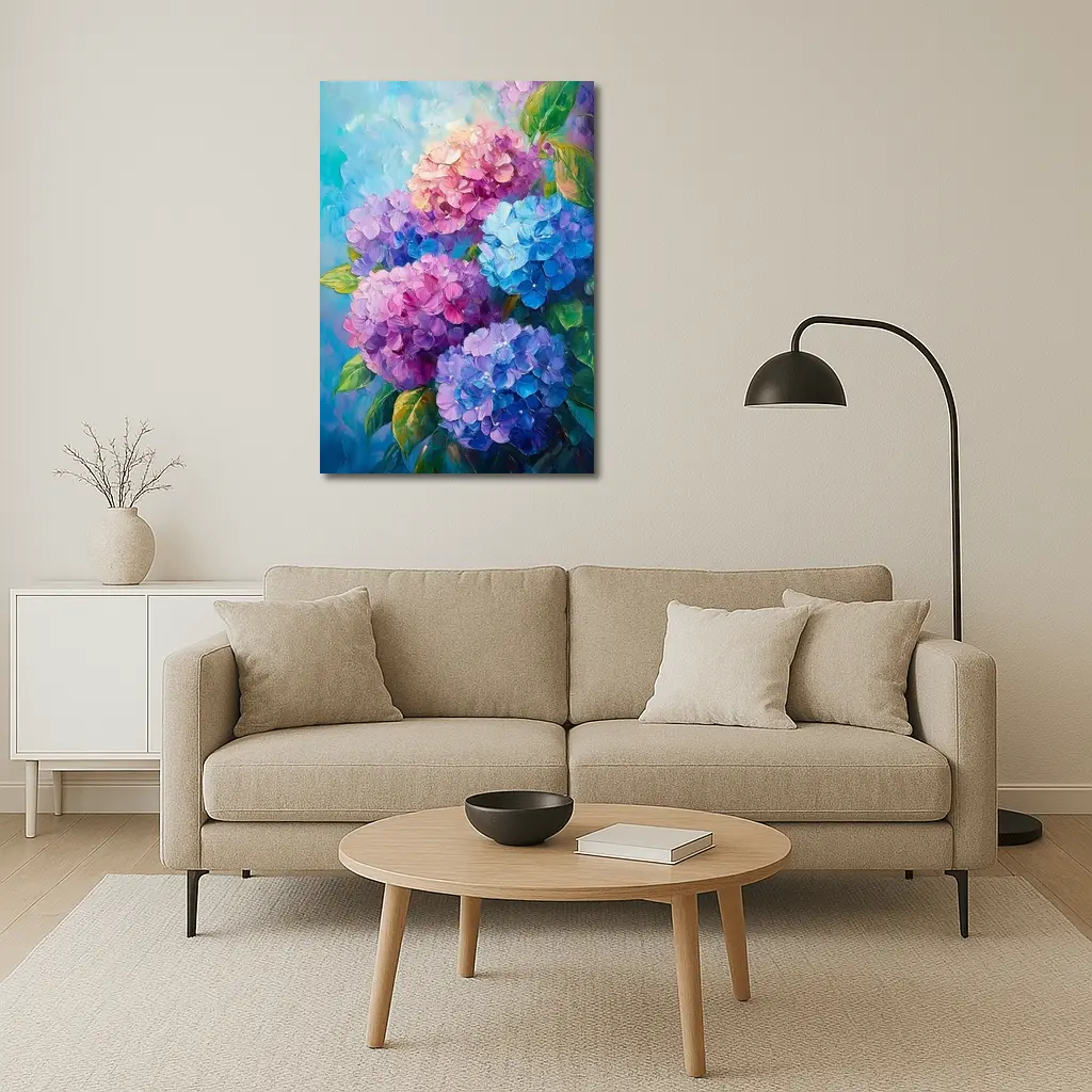 Hydrangea Bouquet Oil Painting Blue Background – Wall Art