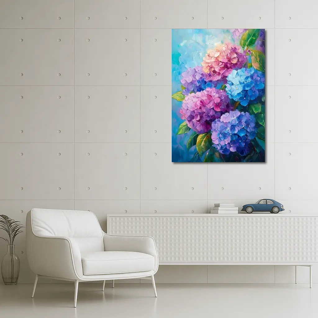 Hydrangea Bouquet Oil Painting Blue Background – Wall Art