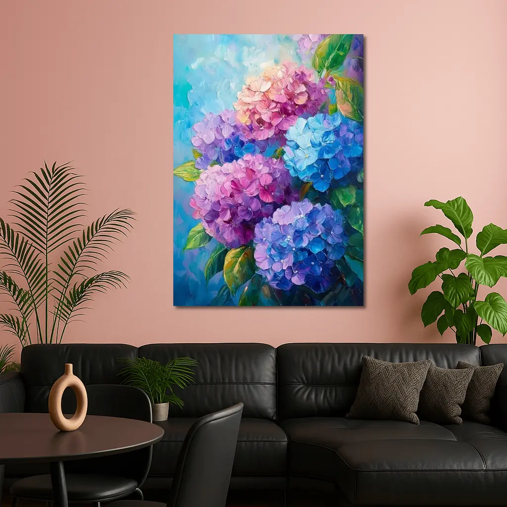 Hydrangea Bouquet Oil Painting Blue Background – Wall Art