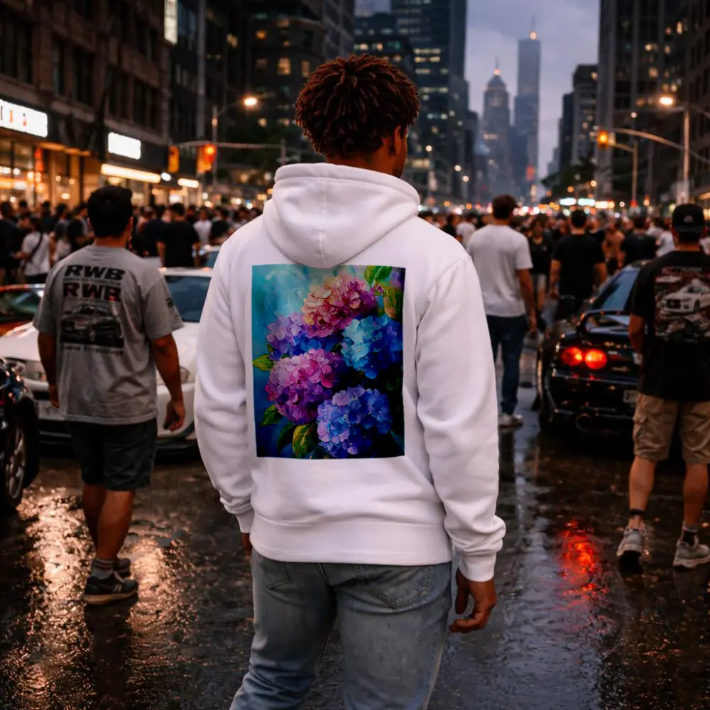 Hydrangea Bouquet Oil Painting Blue Background – Hoodies