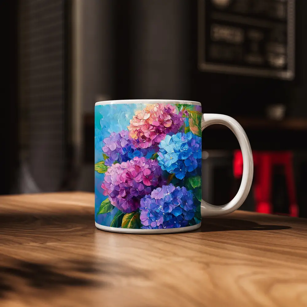 Hydrangea Bouquet Oil Painting Blue Background – Mugs