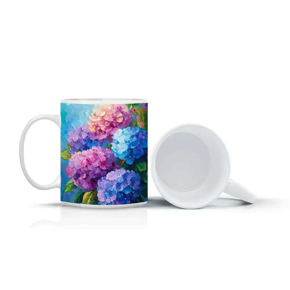 Hydrangea Bouquet Oil Painting Blue Background – Mugs