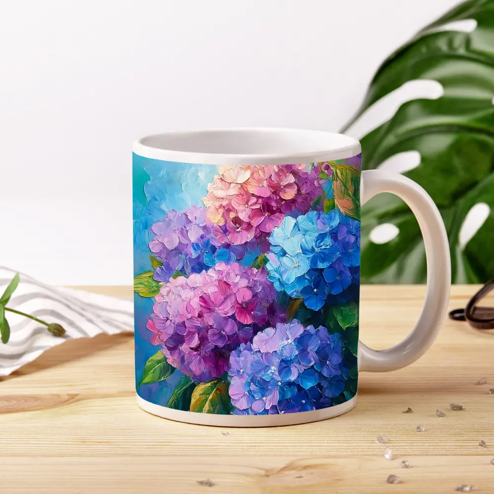 Hydrangea Bouquet Oil Painting Blue Background – Mugs