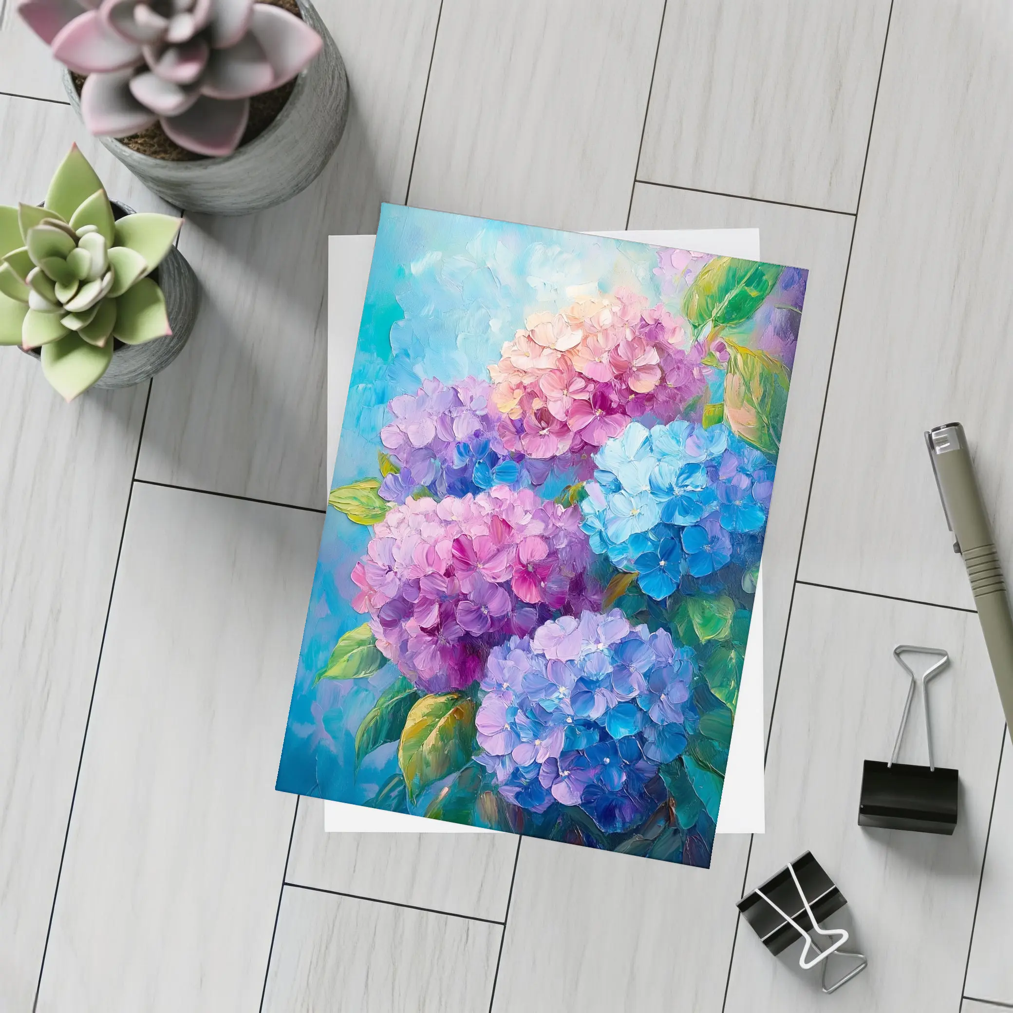 Hydrangea Bouquet Oil Painting Blue Background – Postcards