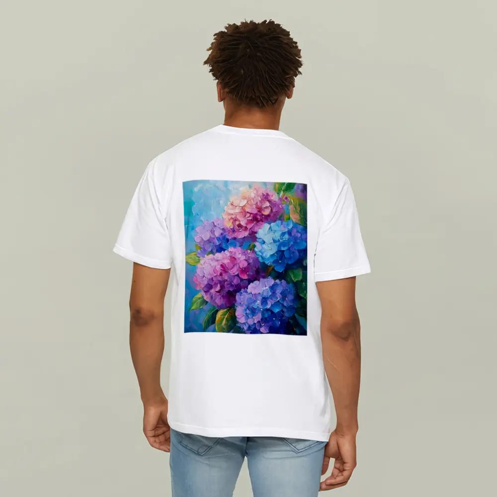 Hydrangea Bouquet Oil Painting Blue Background – T-Shirts