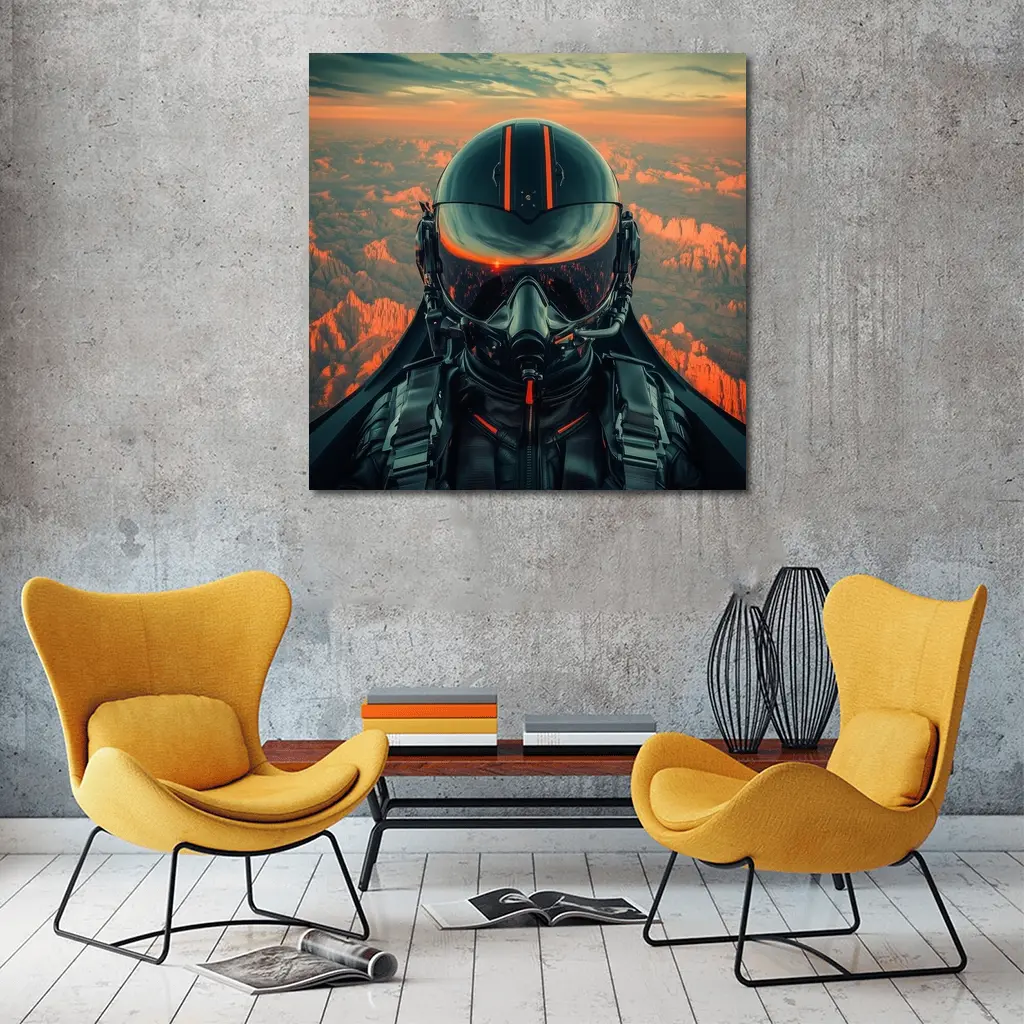 Fighter Pilot Helmet Sunset Canyon Aerial View – Wall Art