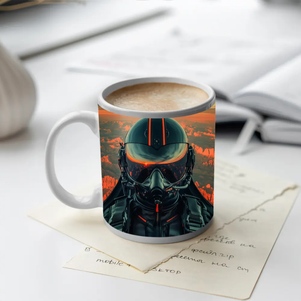 Fighter Pilot Helmet Sunset Canyon Aerial View – Mugs
