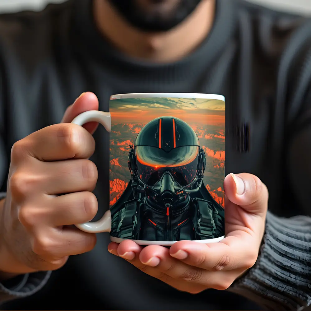 Fighter Pilot Helmet Sunset Canyon Aerial View – Mugs
