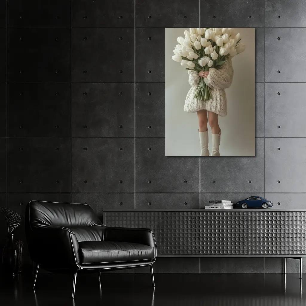 Woman Holding White Tulips Bouquet Beige Background – Wall Art