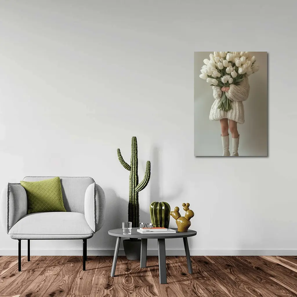 Woman Holding White Tulips Bouquet Beige Background – Wall Art
